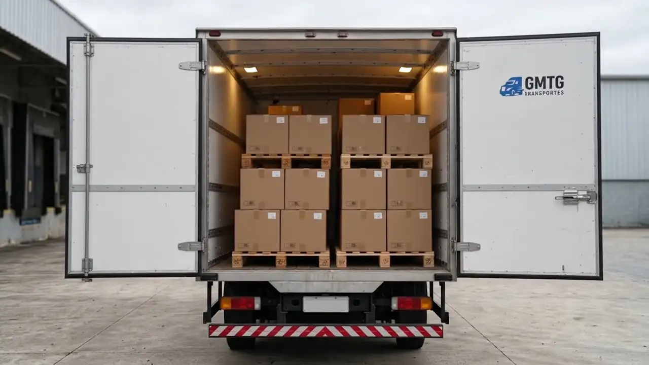 Traseira de um baú da GMTG Transportes com as portas abertas e caixas paletizadas no interior